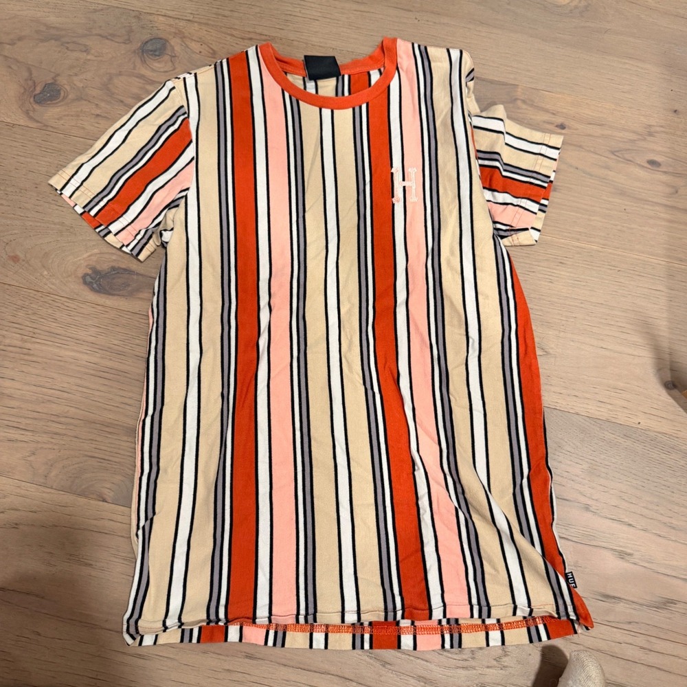 HUF Mens Small Striped Short Sleeve T-Shirt Orange Tan Multi Embroidered H Logo